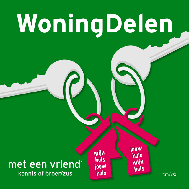 Logo WoningDelen, 2 sleutels met een huis op een groene achtergrond