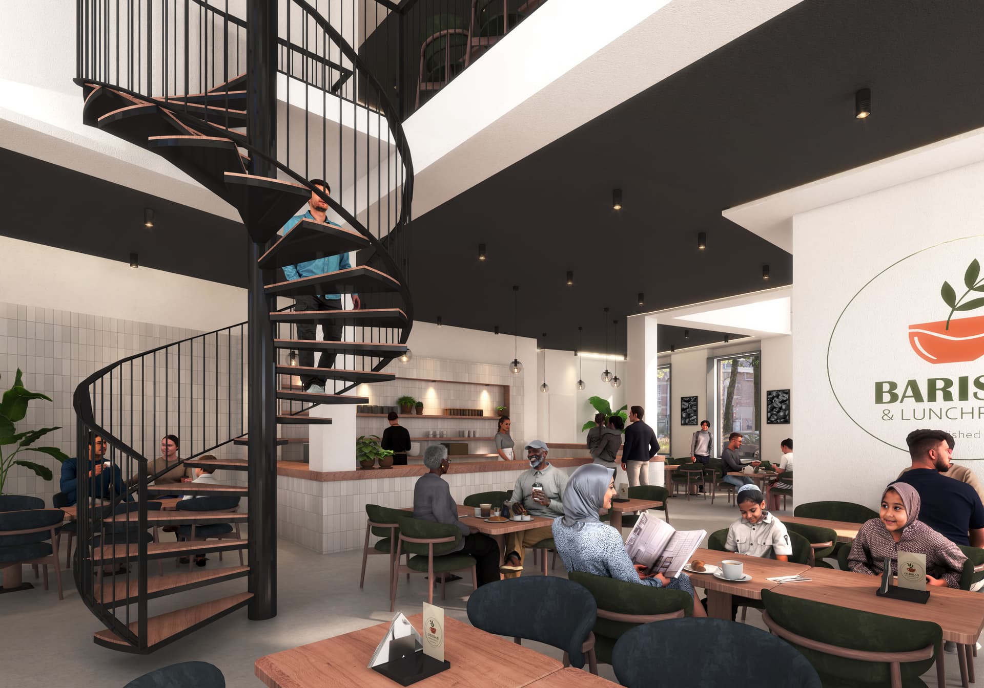 Artist impression van de binnenkant van de horecagelegenheid van Dukdalf, waarin je mensen ziet zitten in een koffie en lunchzaak
