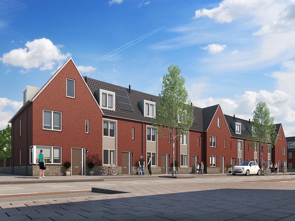 Rij eengezinswoningen nieuwbouw aan straatkant