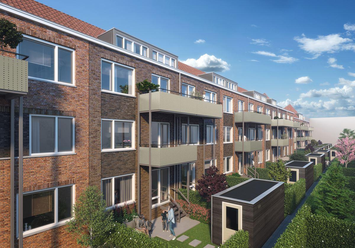 Beeld van de vernieuwde woningen en tuinen aan de Bellamystraat