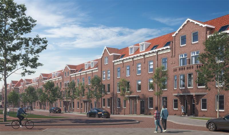De voorgevels van de vernieuwde woningen in de Bellamystraat