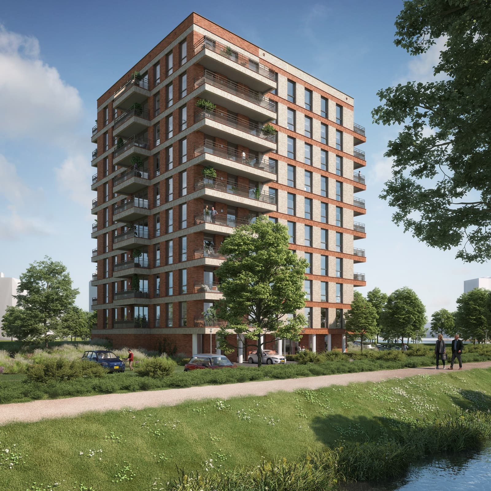 Gebouw Amina van project Finess helemaal in beeld vanaf de waterkant