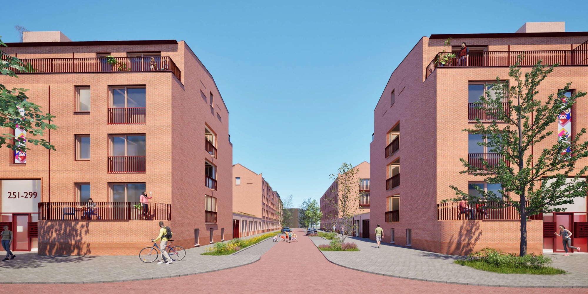 Straat tussen de twee blokken en de voorgevels