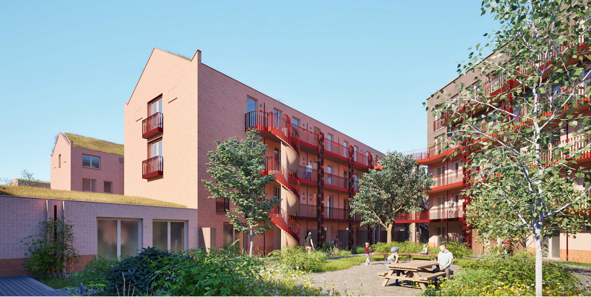 De binnentuin en galerij van het blok