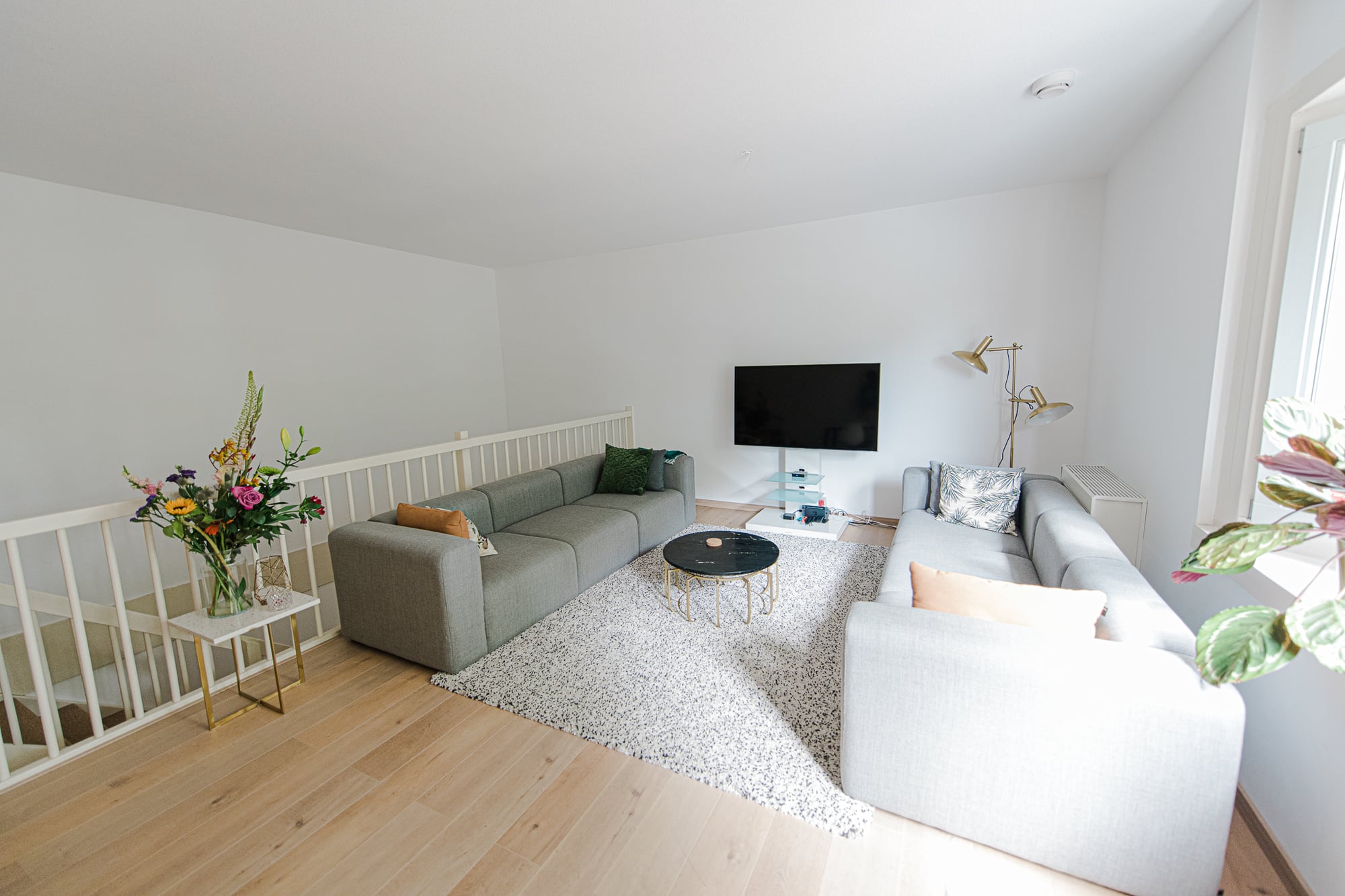 Woonkamer met banken, salontafel en televisie