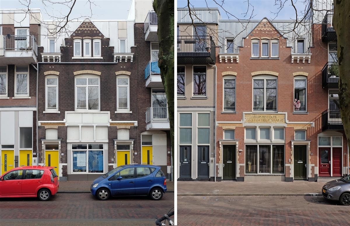 Links zie je een pand voor de renovatie en rechts na de renovatie