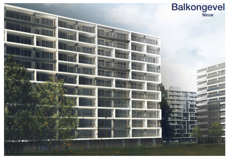 impressie van de nieuwe balkongevel van de Prinsessenflats