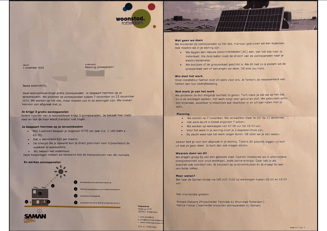 Brief van Woonstad aan bewoners dat zonnepanelen worden geplaatst