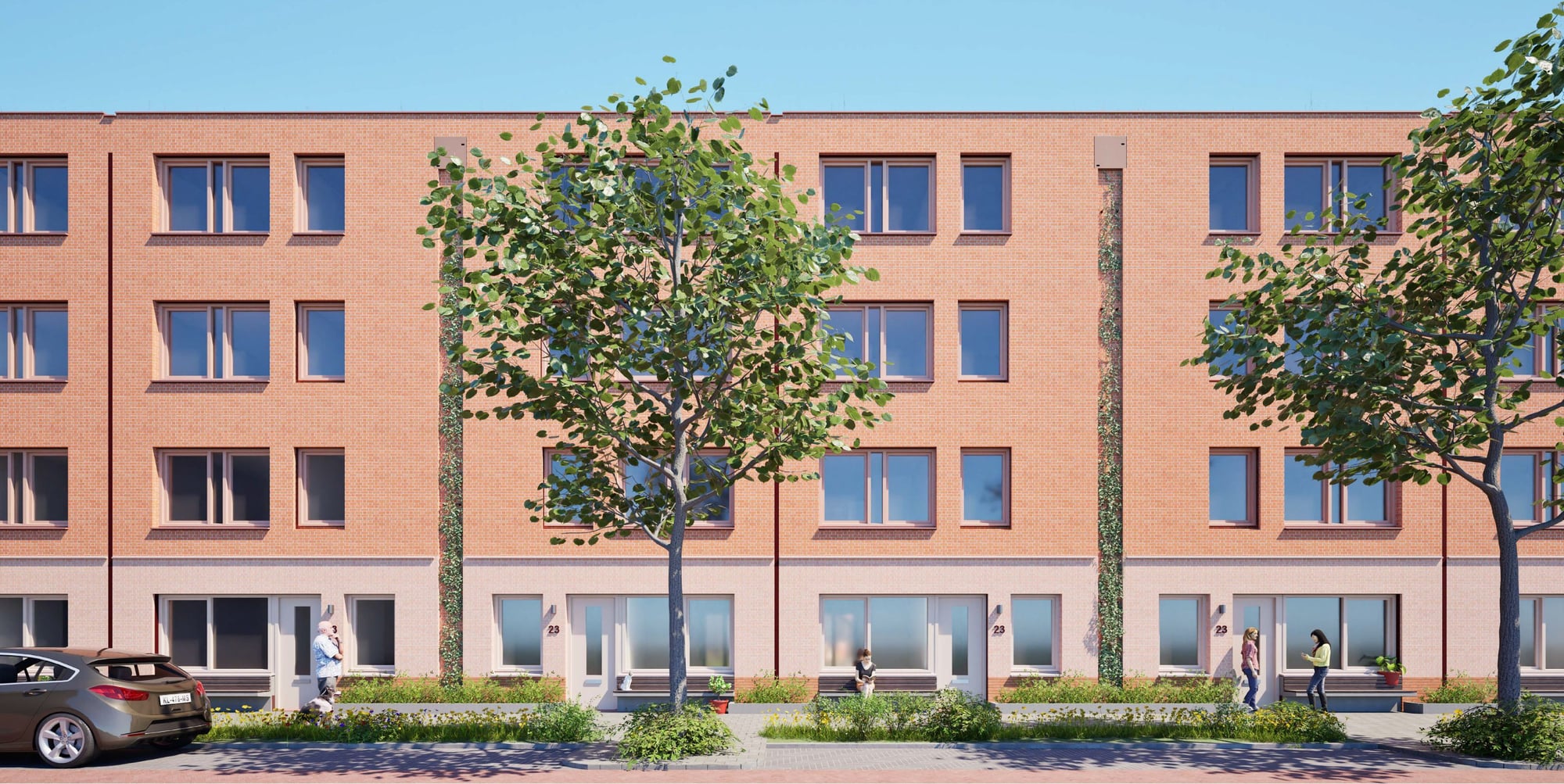 Voorgevel van het woonblok
