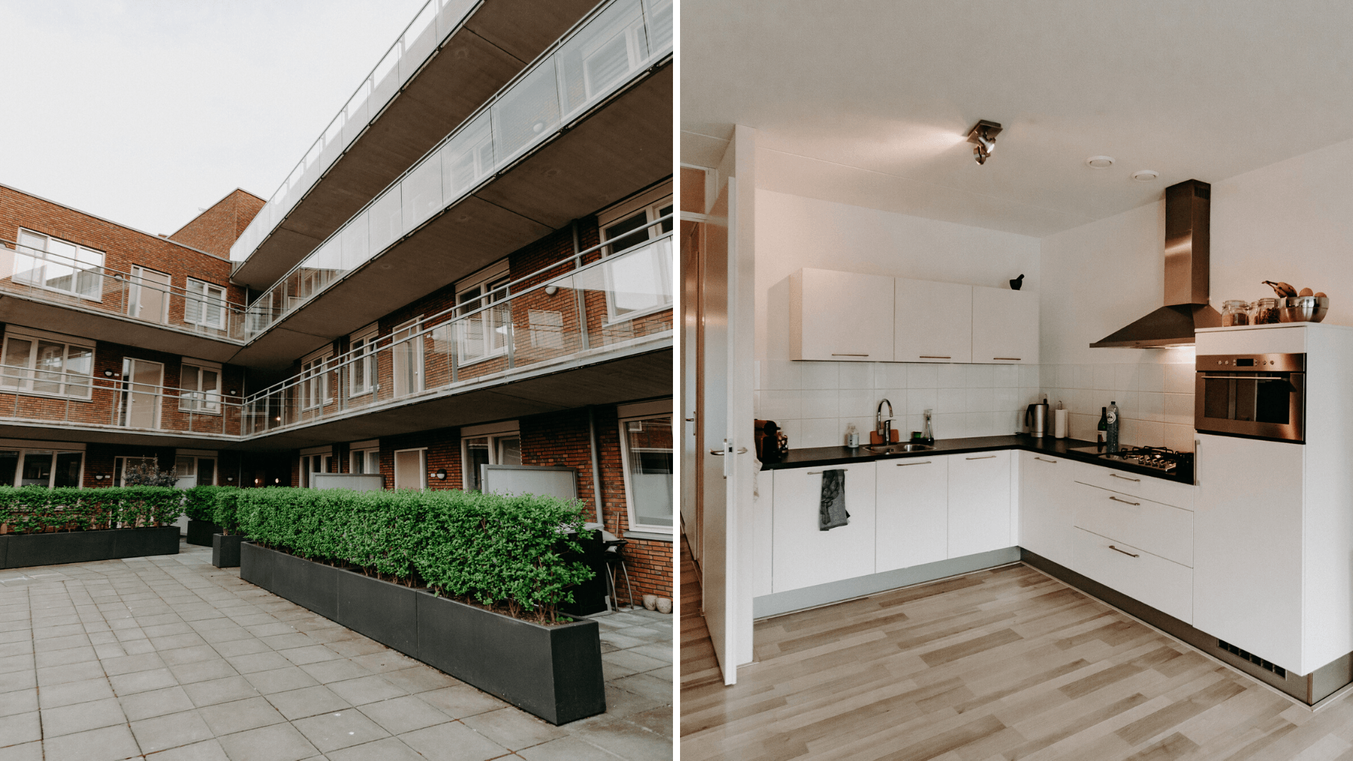Exterieur appartementencomplex en keuken