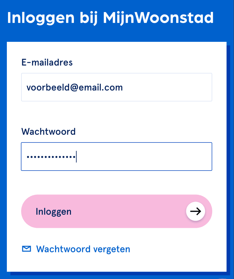 Scherm MijnWoonstad met ingevulde inlogvelden