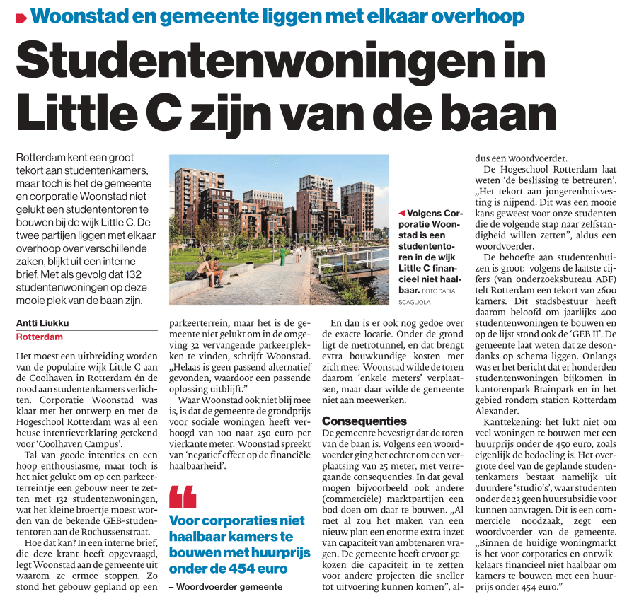 Artikel AD Studentenwoningen in Little C zijn van de baan