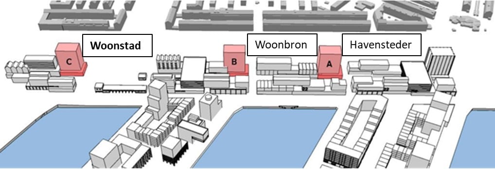 Tekening van de locaties voor de nieuwe woontorens in de Merwe 4 haven