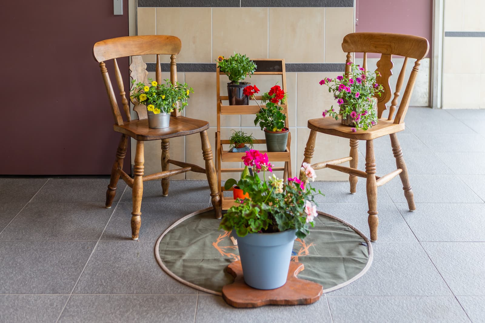Houten stoeltjes met bloempotjes erop