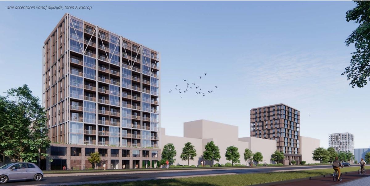 Artist impression van drie nieuwe woongebouwen in de Merwe 4 haven