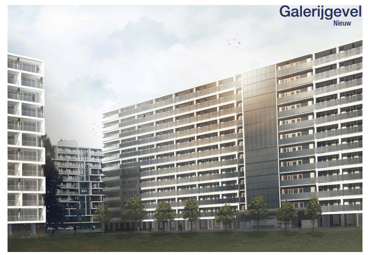 impressie van de nieuwe galerijgevel Prinsessenflat