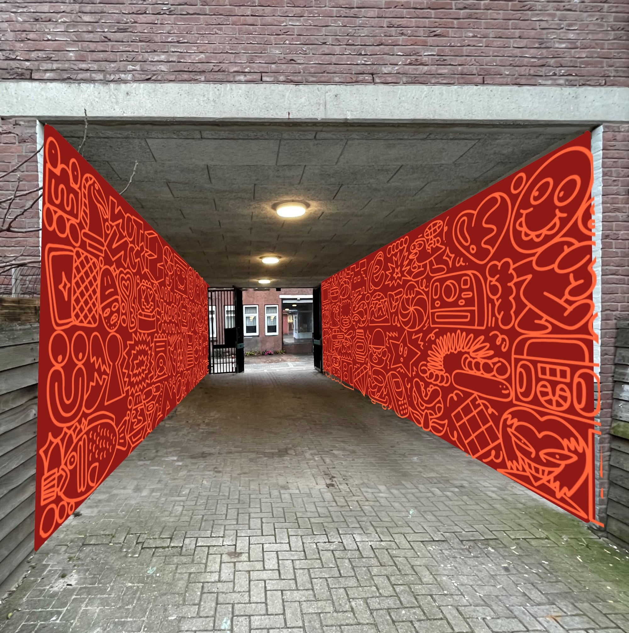 Rode muurschildering voor toegangspoorten gezondheidscentrum