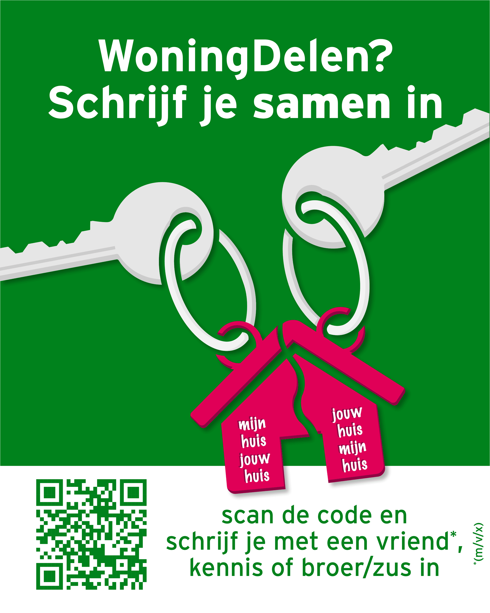 Afbeelding met logo WoningDelen en QR-code om aan te melden