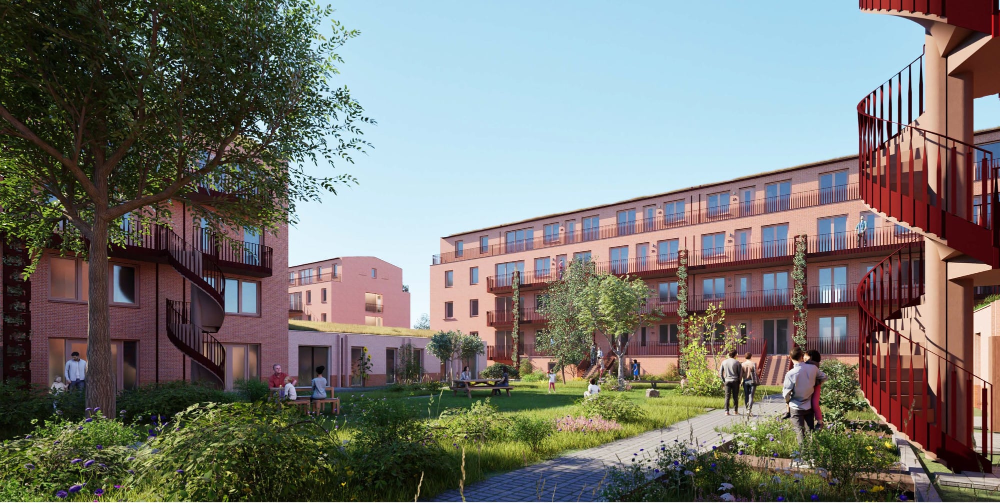 De binnentuin en achtergevels van het blok