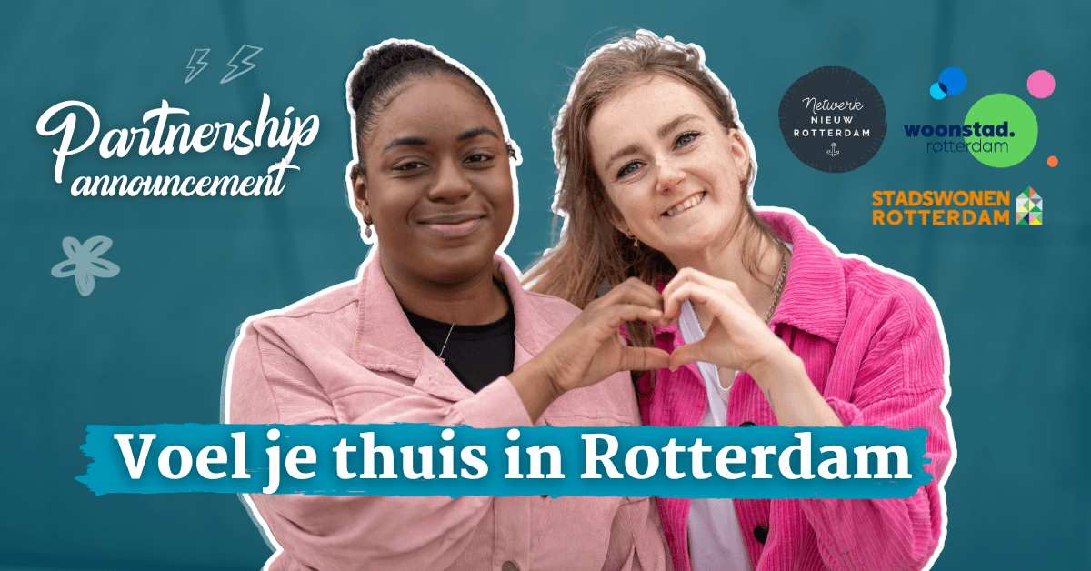 Banner partnership announcement twee meiden met de tekst: voel je thuis in Rotterdam