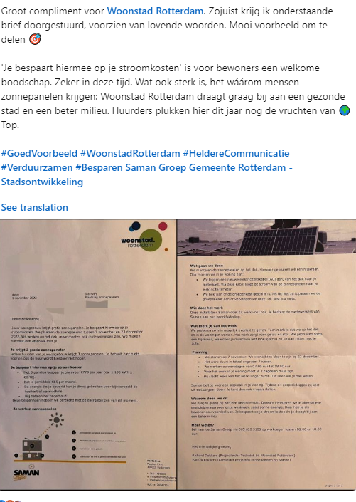 Bericht van linkedIn dat zonnepanelen worden geplaatst.