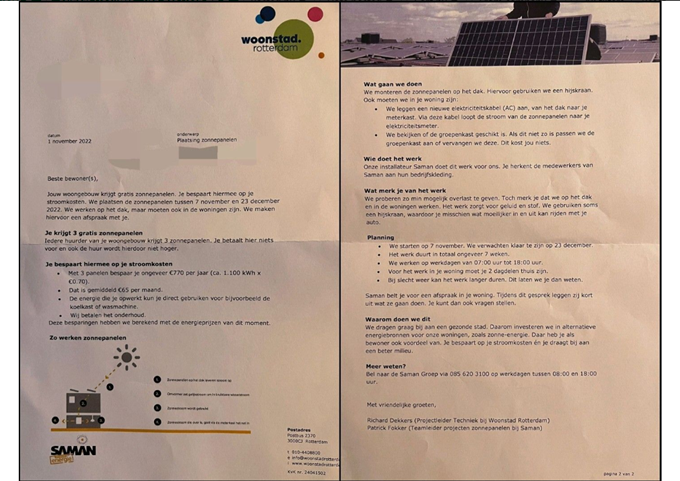 Brief van Woonstad aan bewoners dat zonnepanelen worden geplaatst.